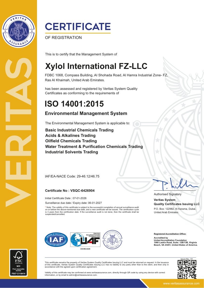 ISO 14001:2015 certificate of registration for Xylol International FZ-LLC